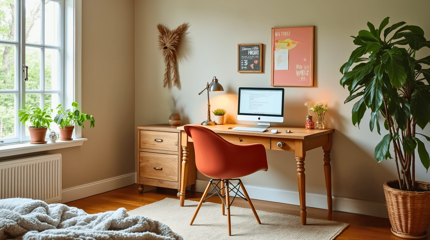 Boho bedroom with a small work nook featuring a vintage desk and creative decor.