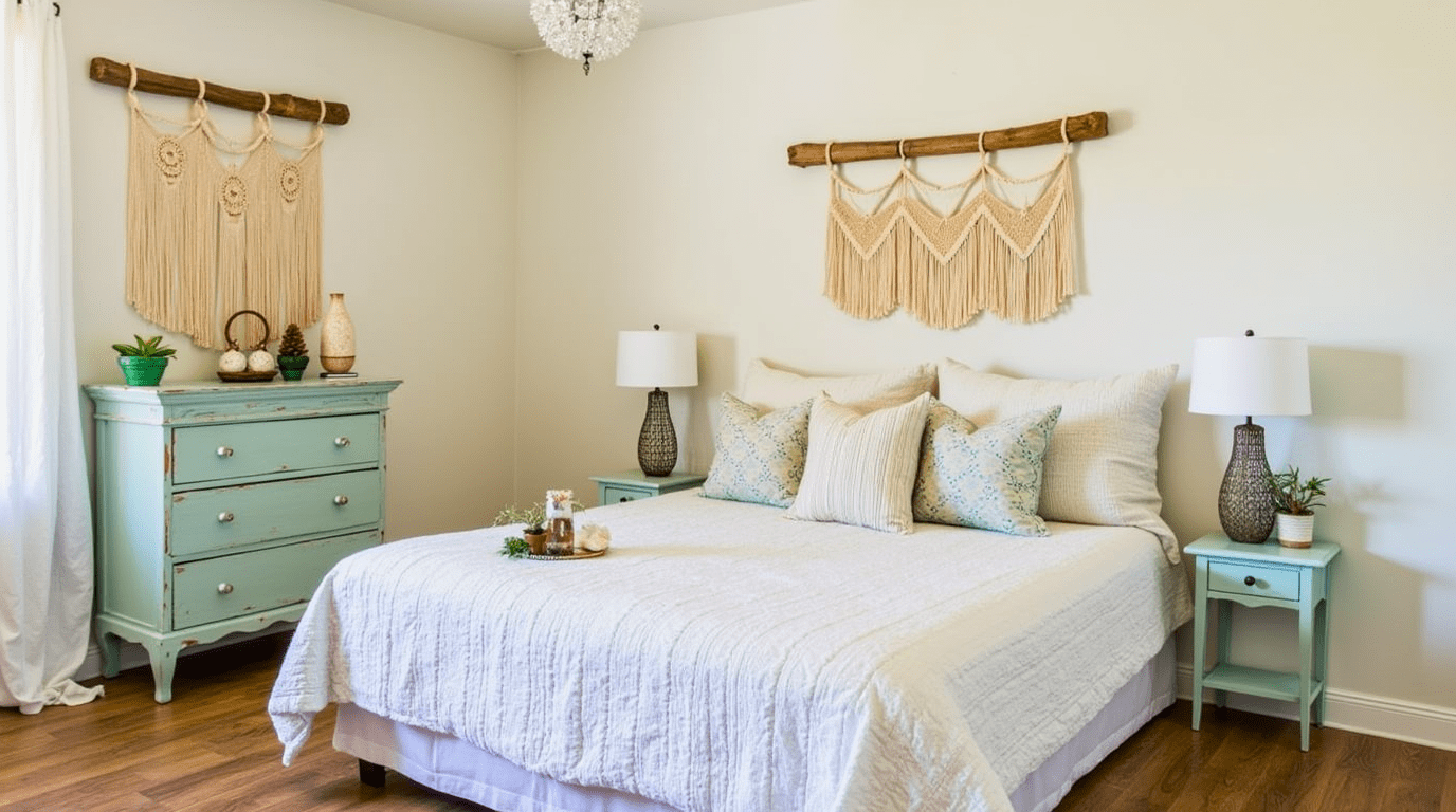 Boho bedroom with personal DIY decor projects and custom wall hangings.