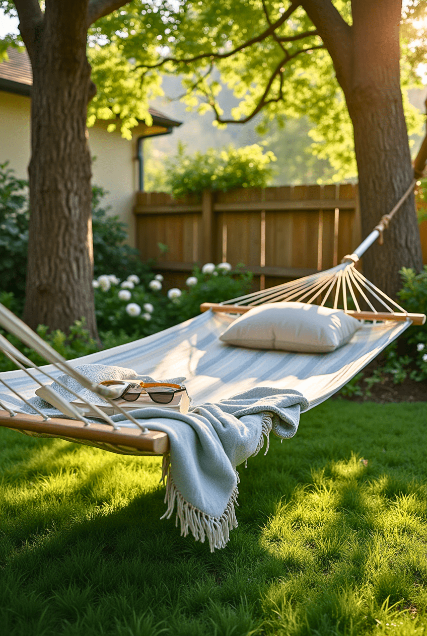 A hammock set up between two trees or posts in a small backyard.