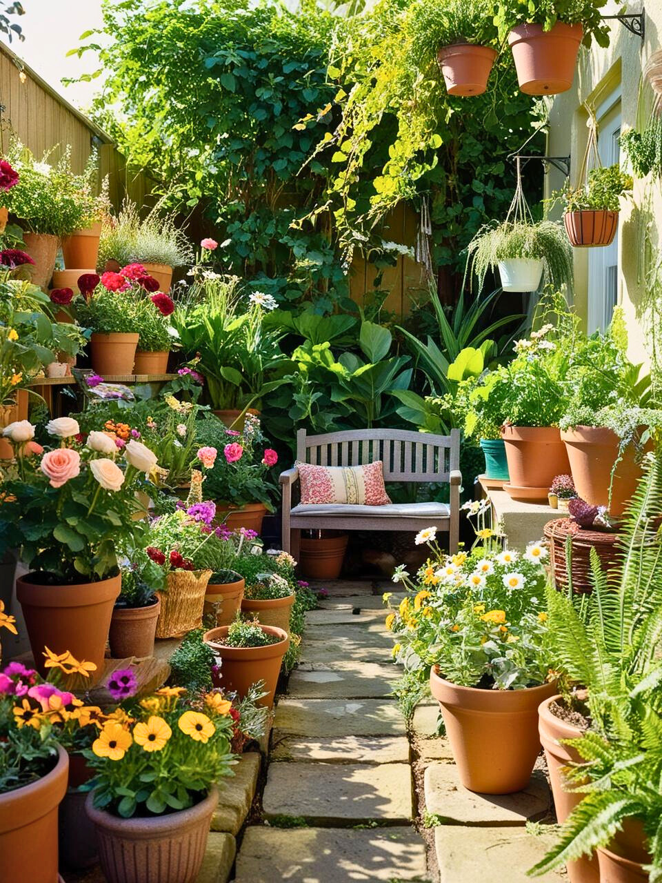A small backyard filled with various potted plants and flowers. 2