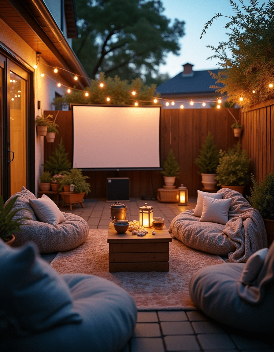 A small backyard set up with a projector and screen for an outdoor movie night.