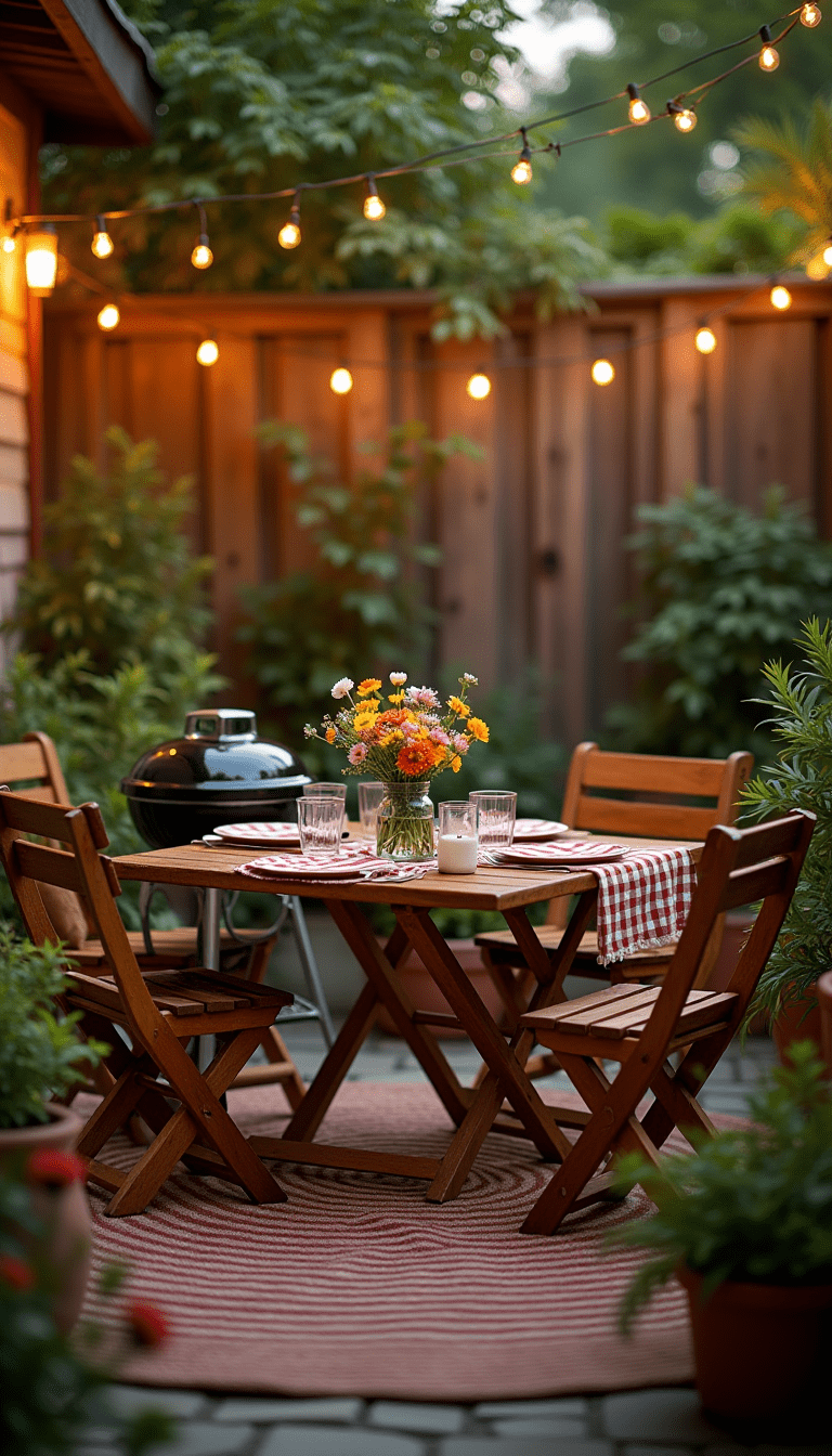 A small backyard with a mini BBQ grill and seating area.