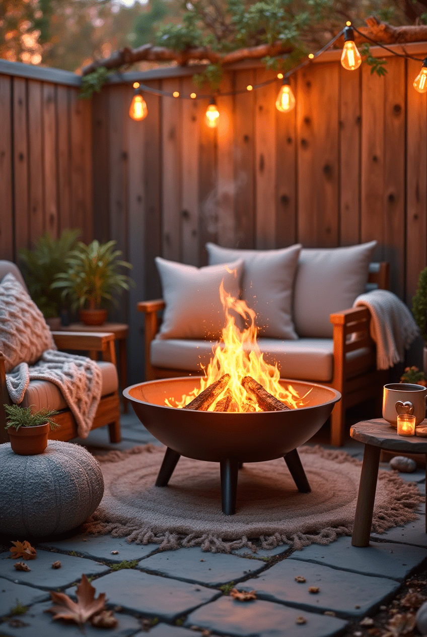 A small backyard with a portable fire pit, perfect for cozy evenings.