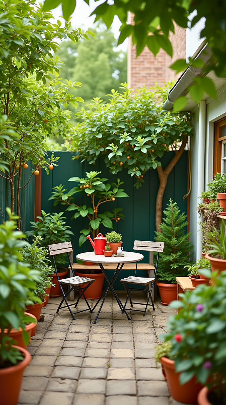 A small backyard with dwarf fruit trees or small fruit plants in pots or beds.