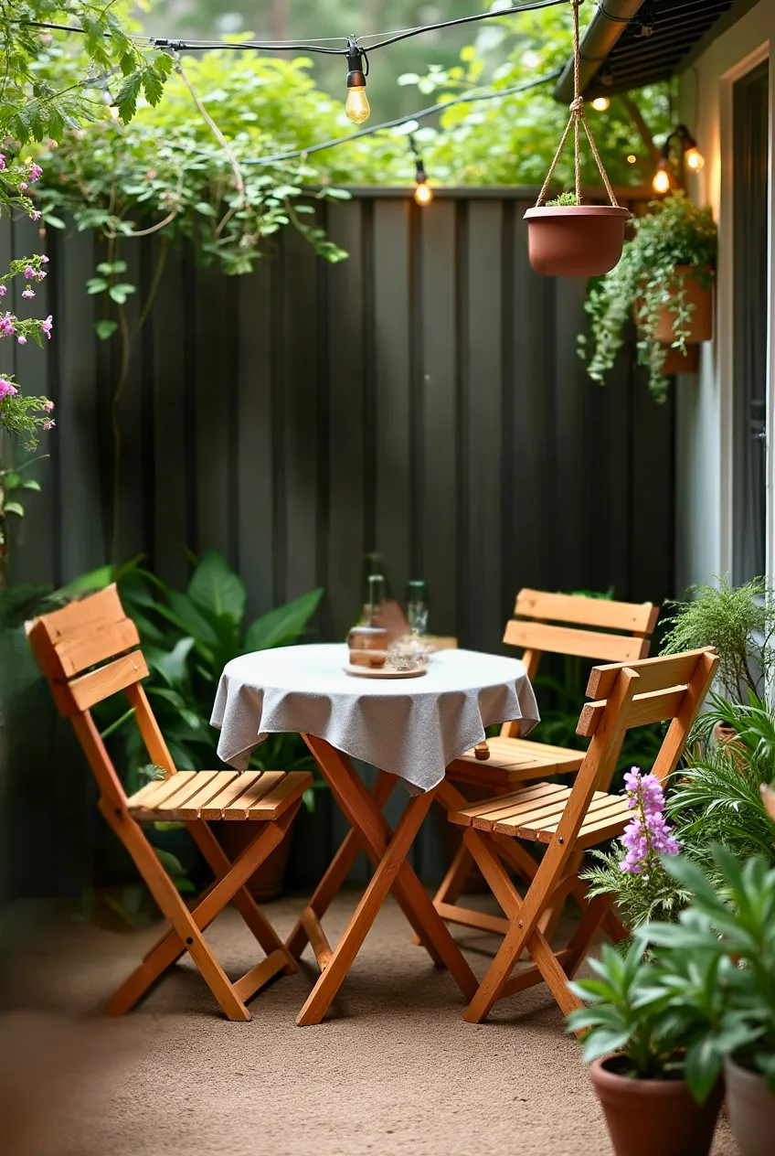 A small backyard with folding chairs and a table, surrounded by potted plants.