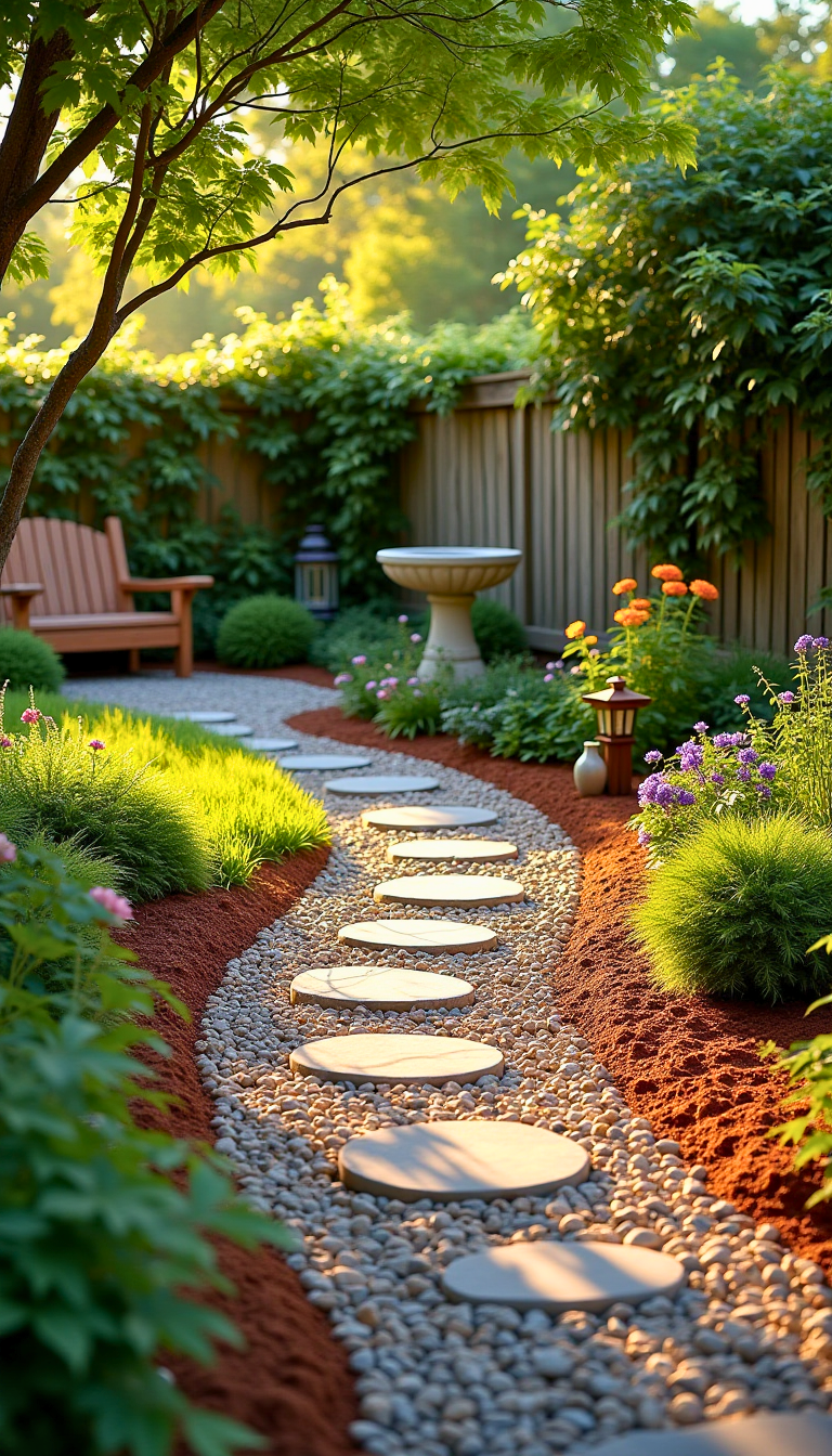 A small backyard with pathways made of pebbles or mulch.