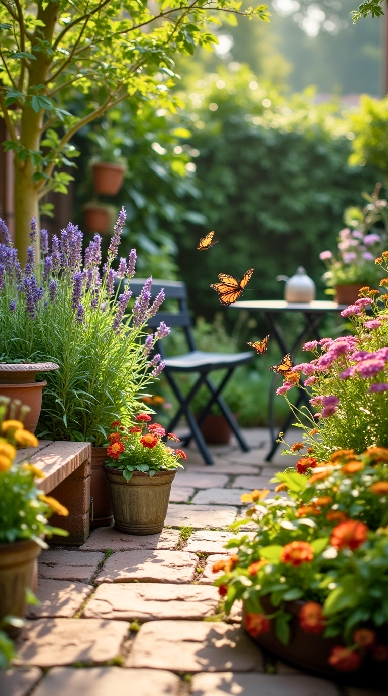 A small backyard with plants that attract butterflies, showing butterflies in the area.