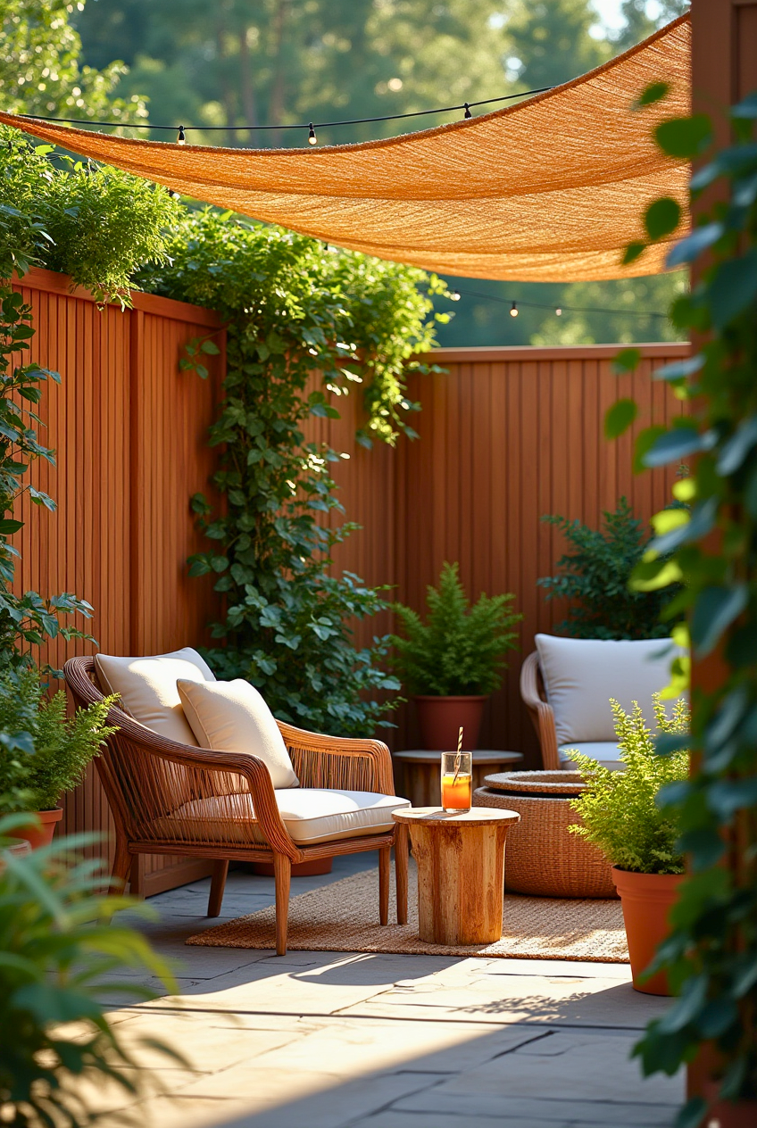 A small backyard with privacy screens, providing seclusion.