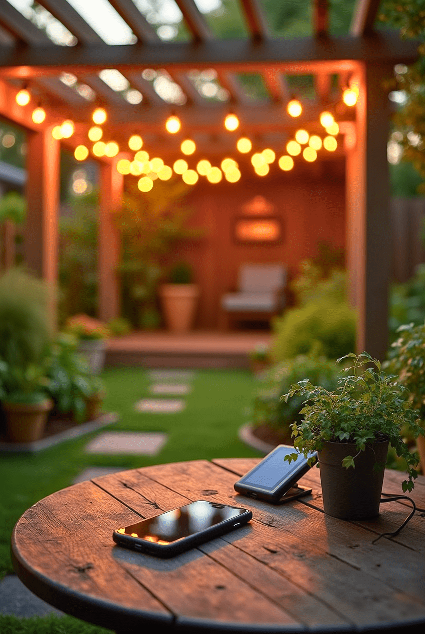 A small backyard with solar-powered lights or a solar charger.