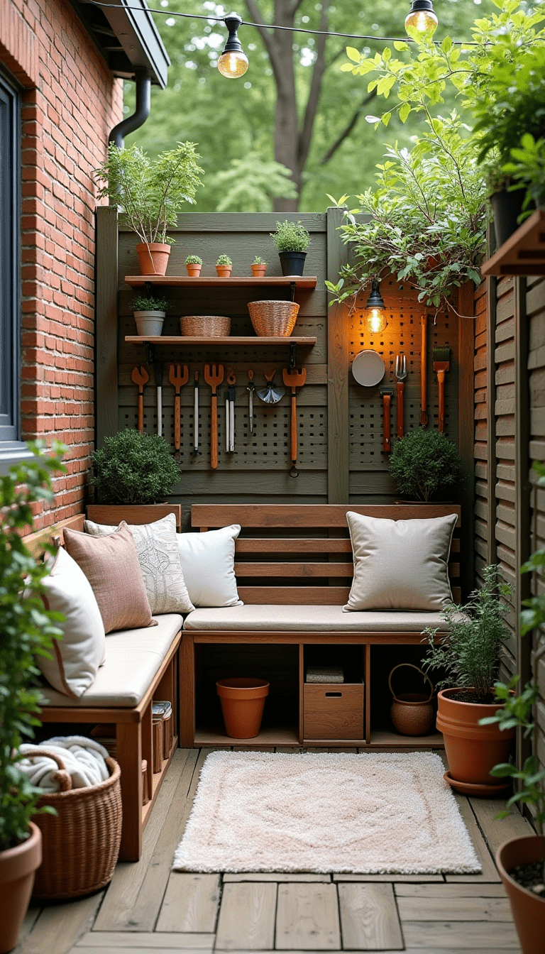 A small backyard with various storage solutions like under-seat storage or wall shelves.