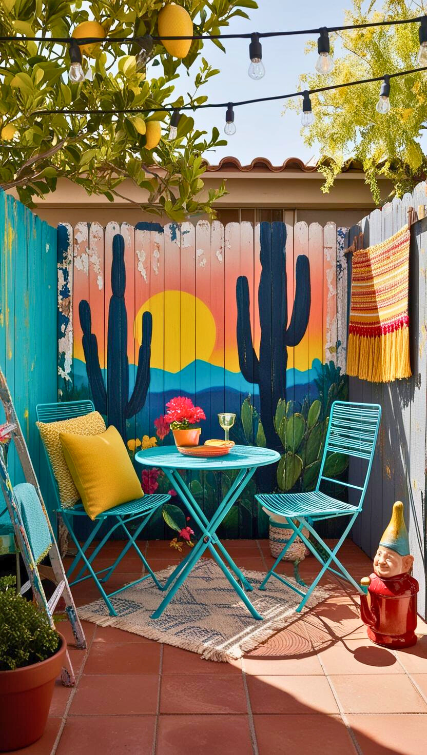 A small backyard with wall art or a mural, adding color and personality.
