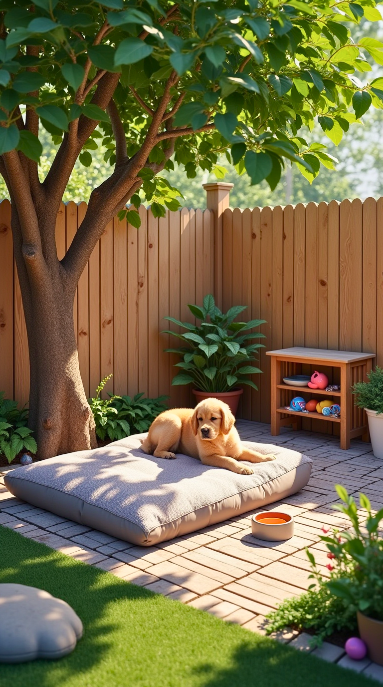 A small corner in the backyard set up as a pet area with a bed and toys.