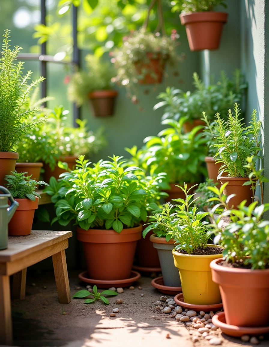 A small herb garden with various herbs in pots or a small bed.