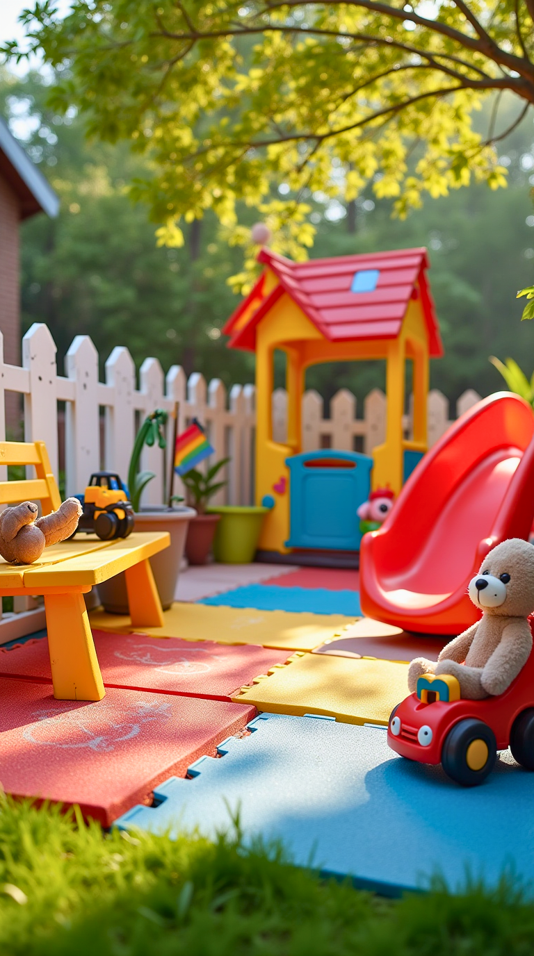 A small play area for children in the backyard, with toys and safe boundaries.
