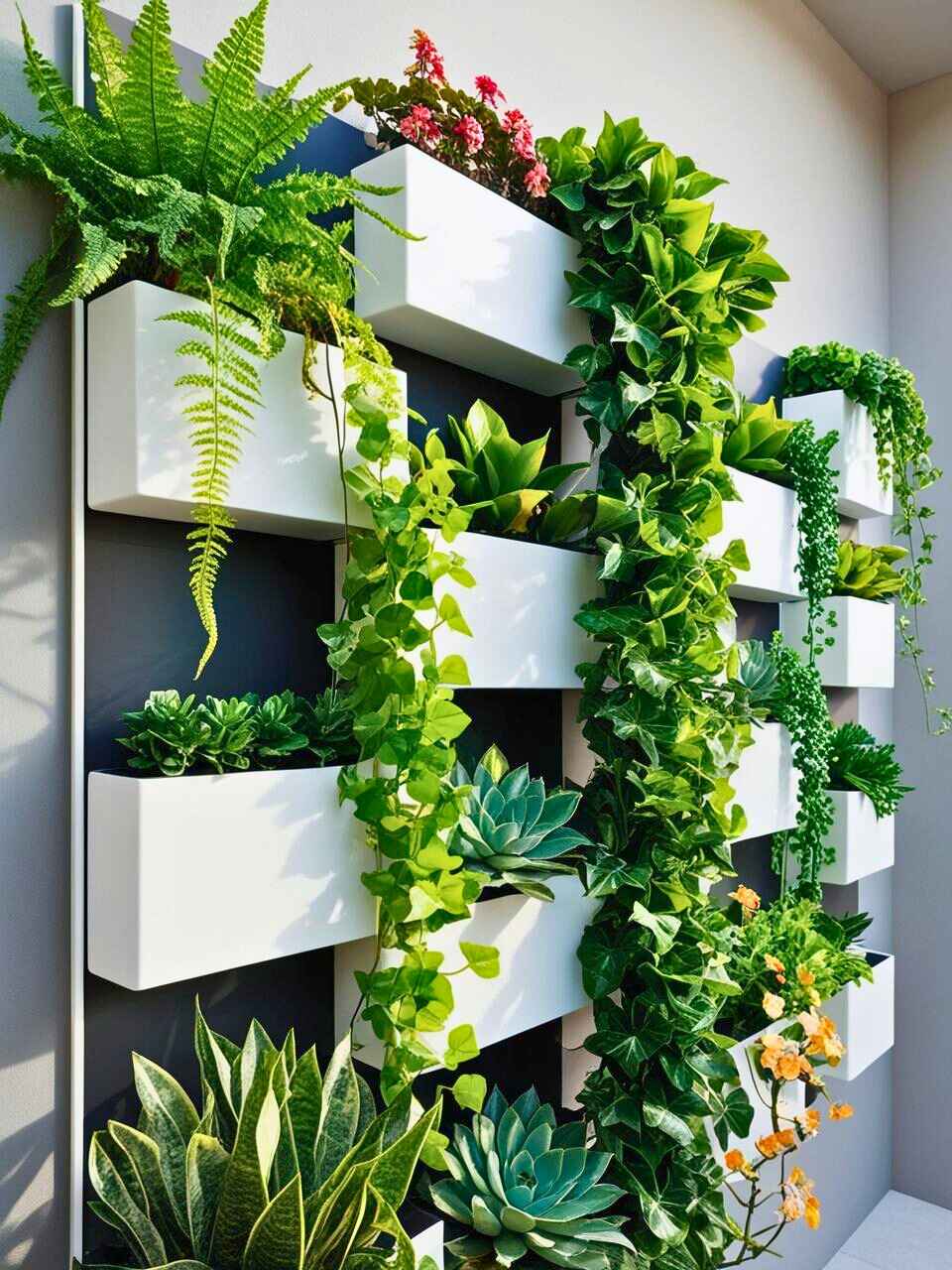 A vertical garden wall with various plants in wall-mounted planters.