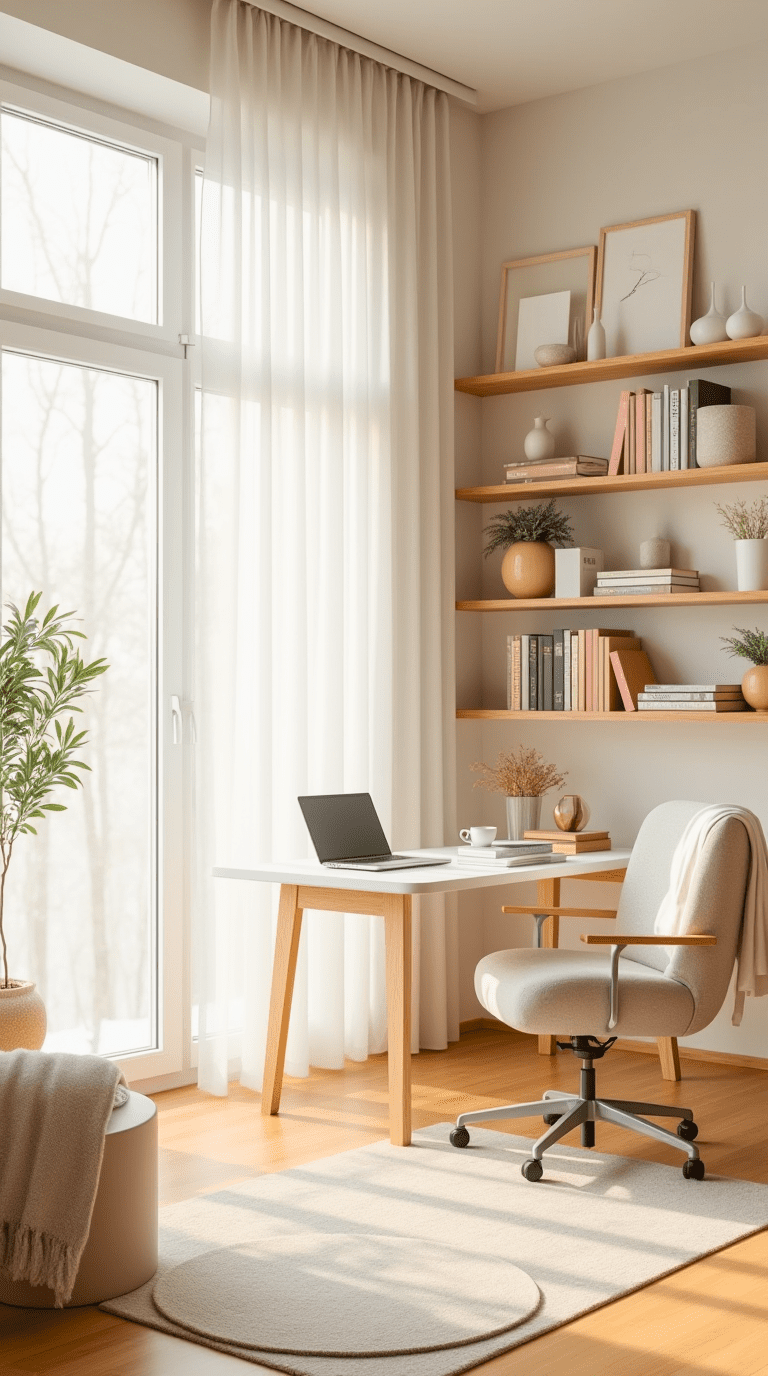Bright and airy home office library with natural light