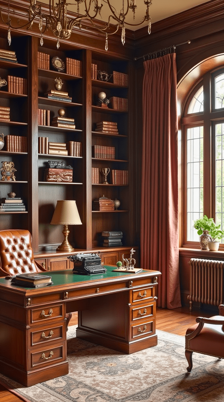 Classic home office library with traditional furnishings and rich details