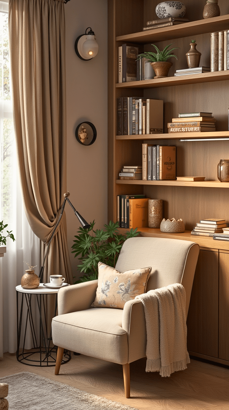 Cozy reading nook with wall shelves in a home office library
