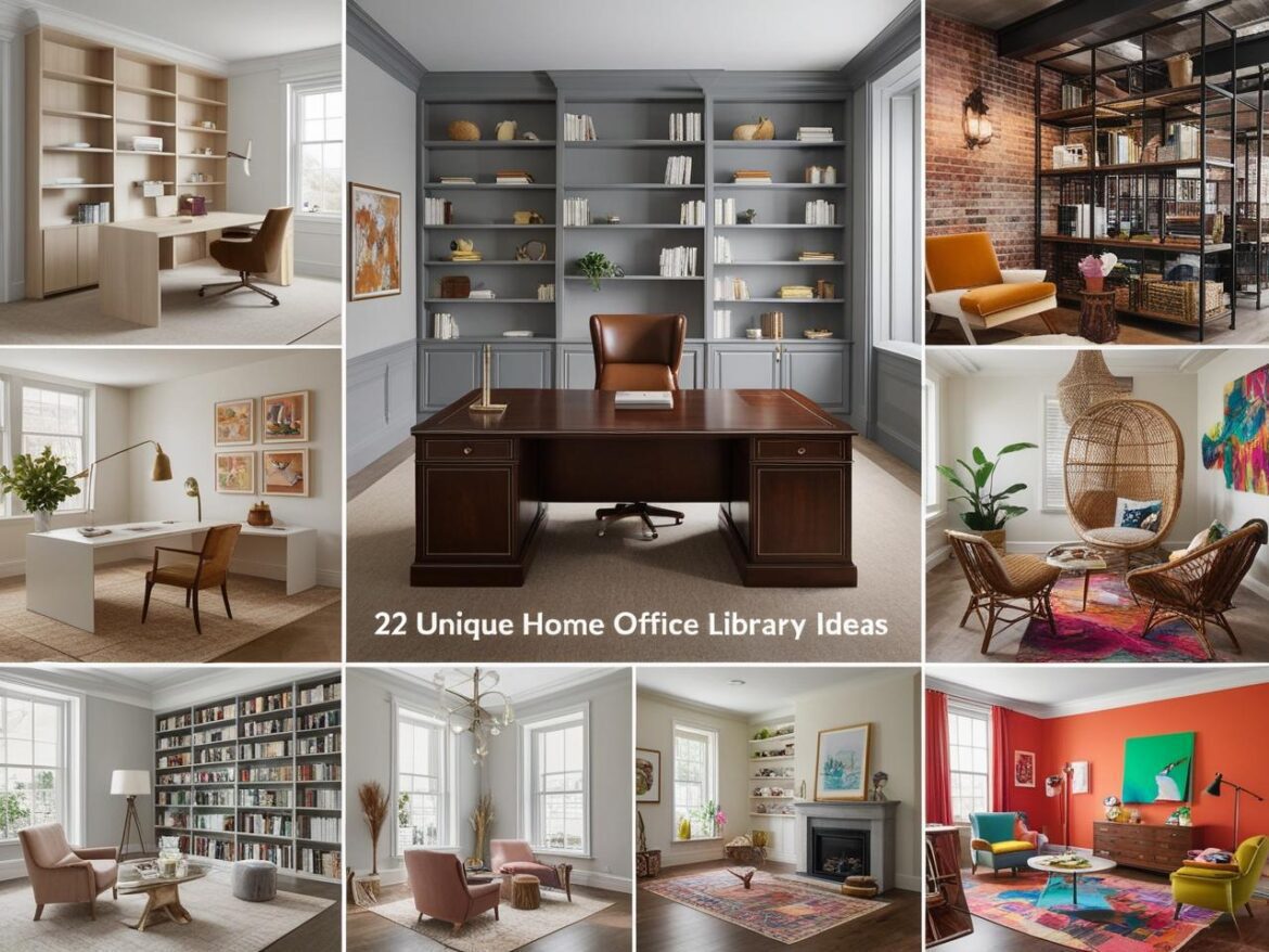 Create a comprehensive visual that represents 22 unique home office library ideas
