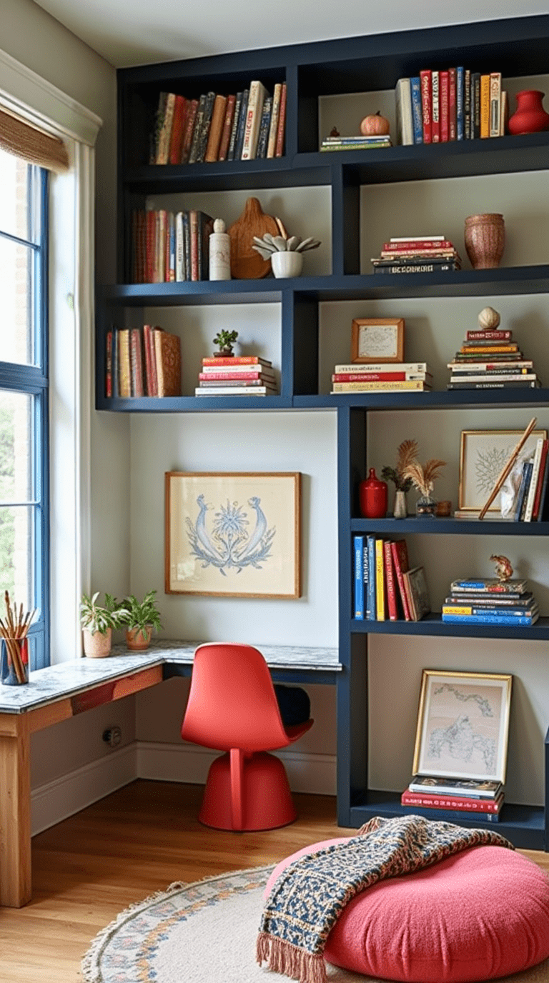 Creative home office library with artistic elements and bold design