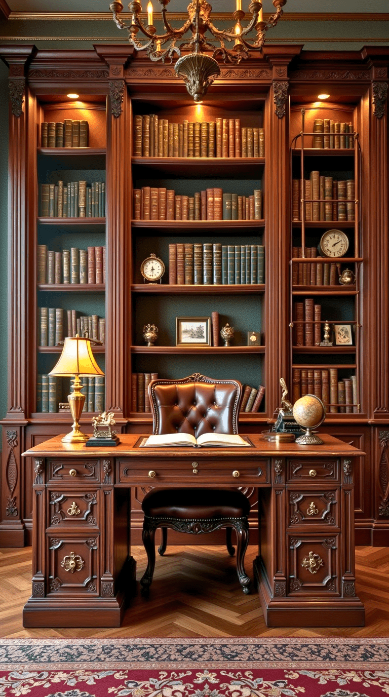 Vintage charm home office library with antique furniture