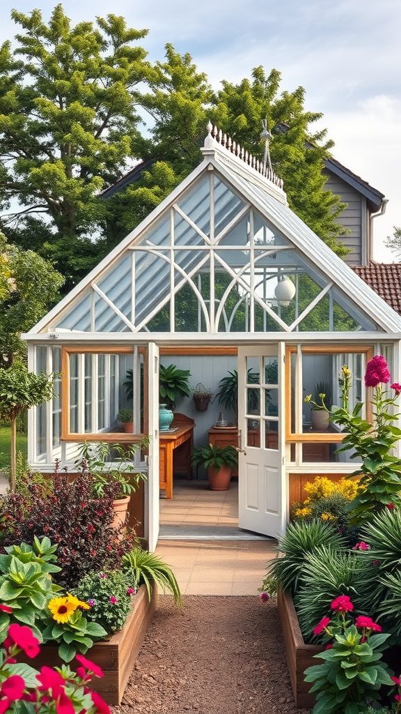 A-frame greenhouse surrounded by colorful flowers and greenery
