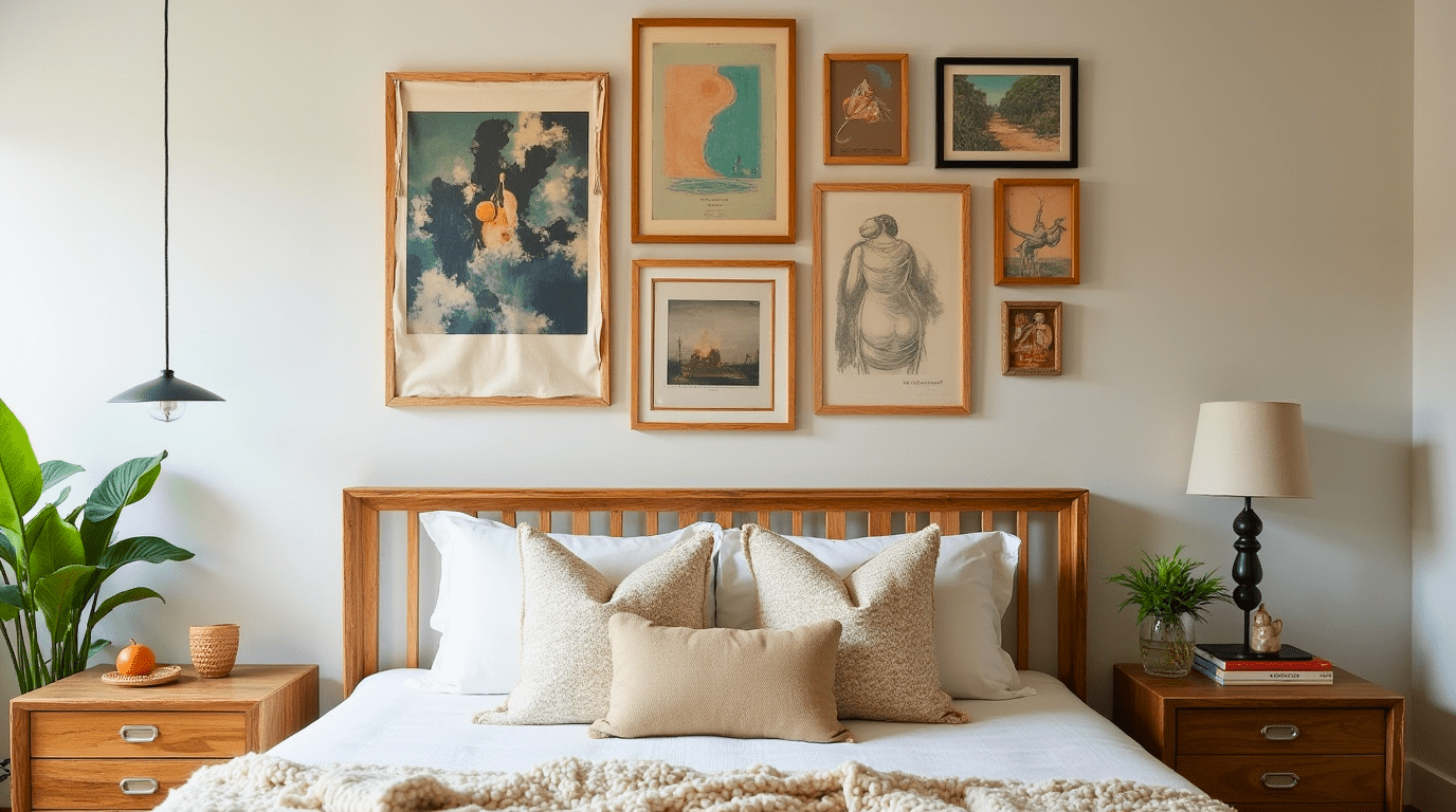 Eclectic gallery wall in a boho bedroom