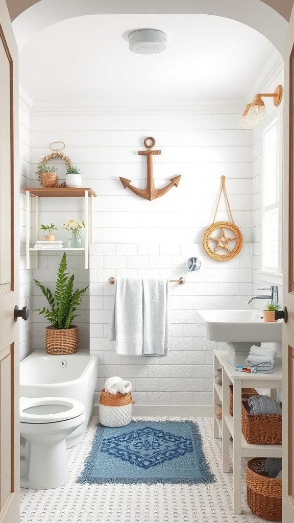 A bright and breezy coastal bathroom with natural decor and soft colors.