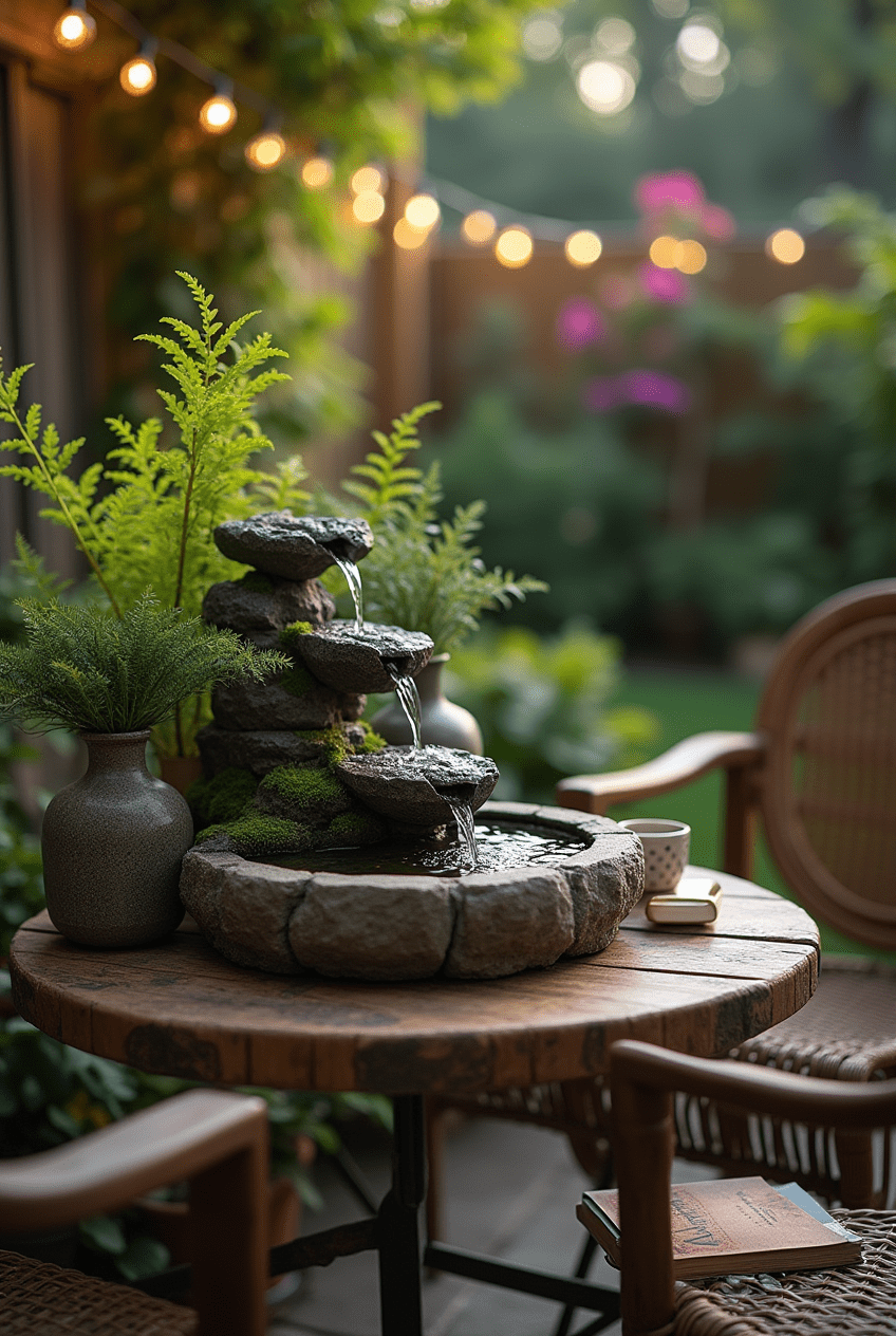 A small water feature, such as a tabletop fountain, in a small backyard setting.