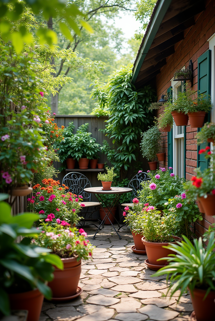 A small backyard filled with various potted plants and flowers.