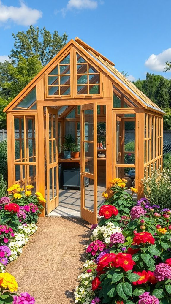 A cedar frame greenhouse surrounded by colorful flowers and a clear blue sky.
