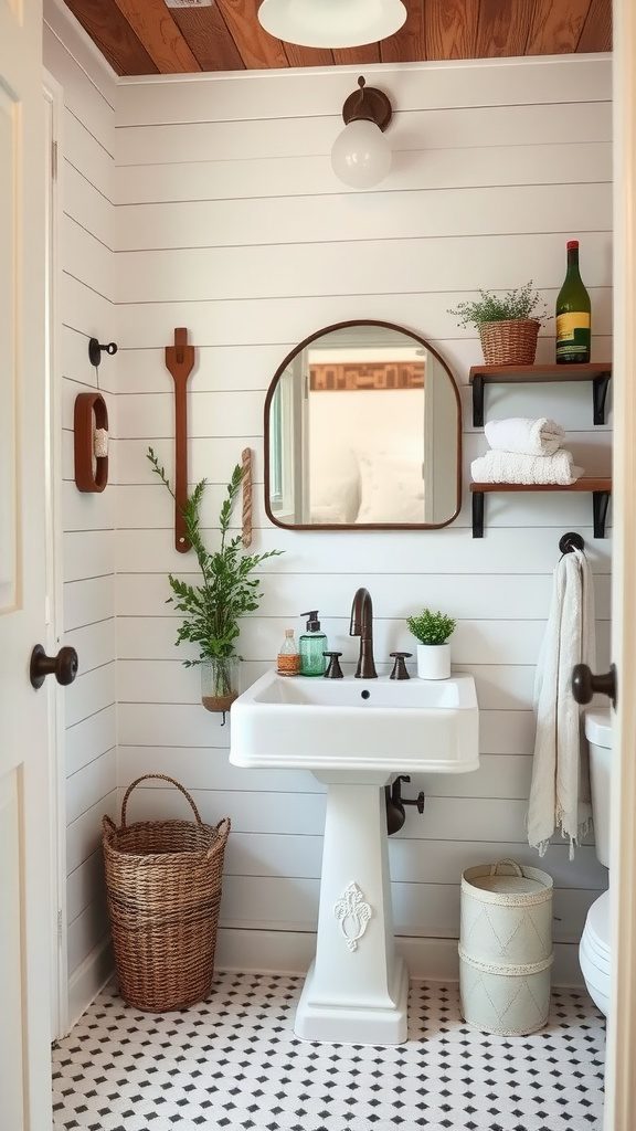 A cozy farmhouse-style bathroom with a pedestal sink, wooden shelves, and earthy decor.