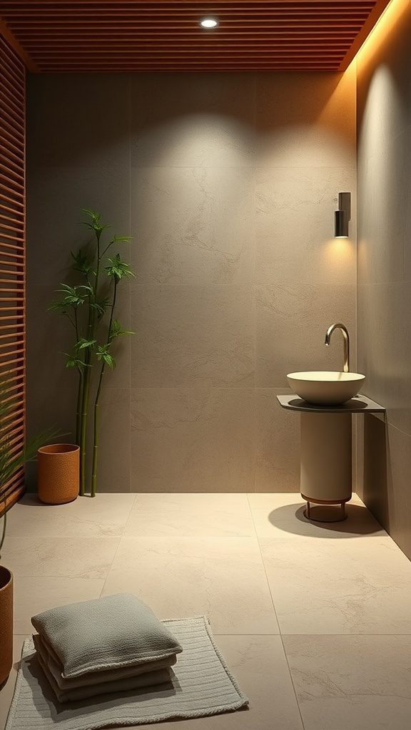 A serene bathroom with bamboo accents, soft lighting, and minimalist decor.