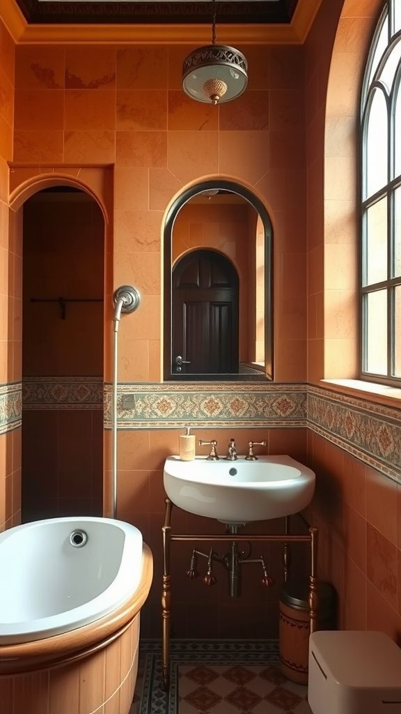 A Classic Mediterranean Revival bathroom featuring warm colors, arches, and antique fixtures.