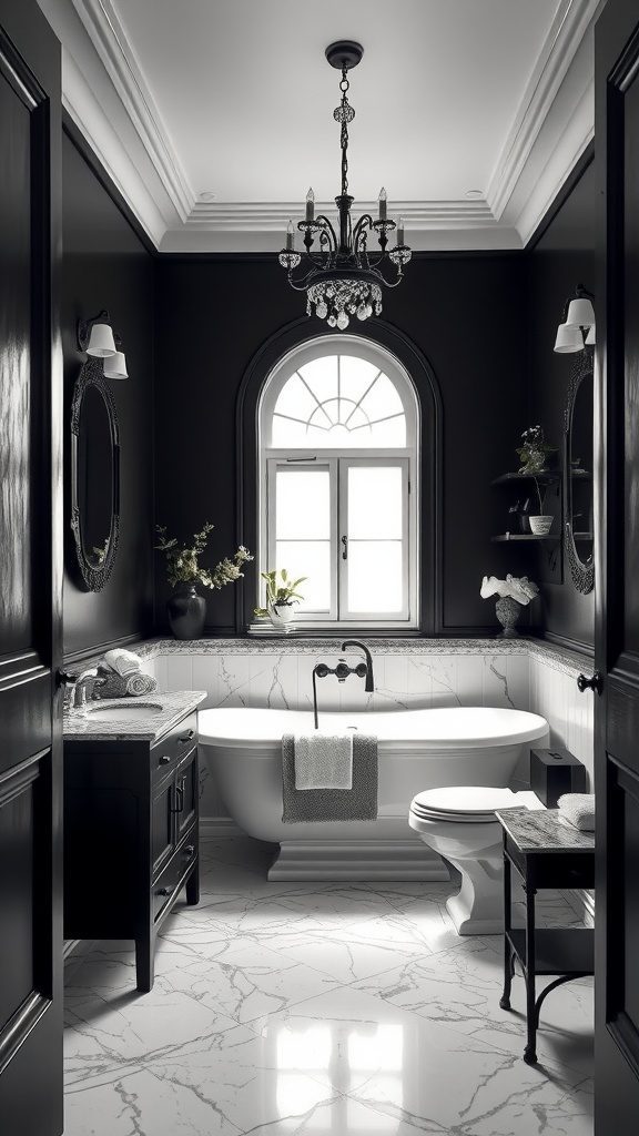A classic monochrome bathroom featuring a freestanding tub, dark walls, and vintage fixtures.