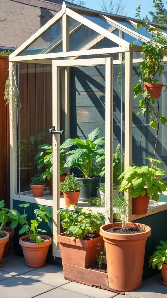 A container greenhouse with a wooden frame, glass panels, and various potted plants surrounding it.