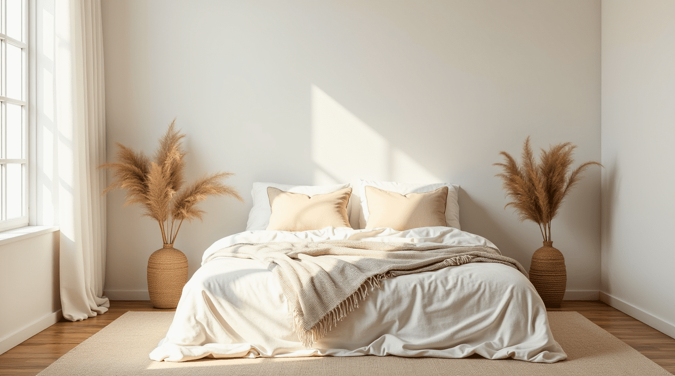 Minimalist boho bedroom balancing simplicity with artistic flair.