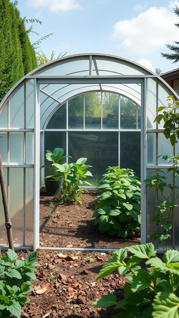 A DIY hoop house with clear plastic covering, showcasing healthy plants inside.