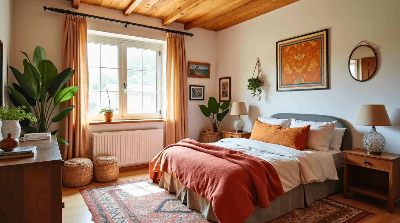 Fully styled boho bedroom showcasing a cohesive blend of color, texture, and decor.