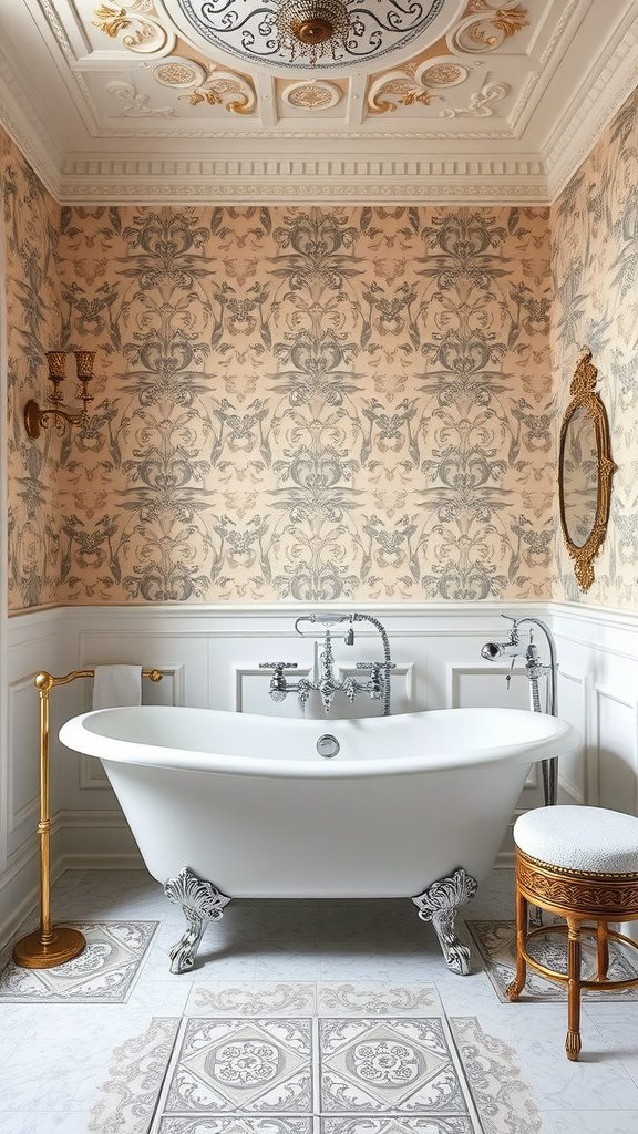A beautifully designed Victorian-style bathroom featuring a clawfoot tub, intricate wallpaper, and ornate details.