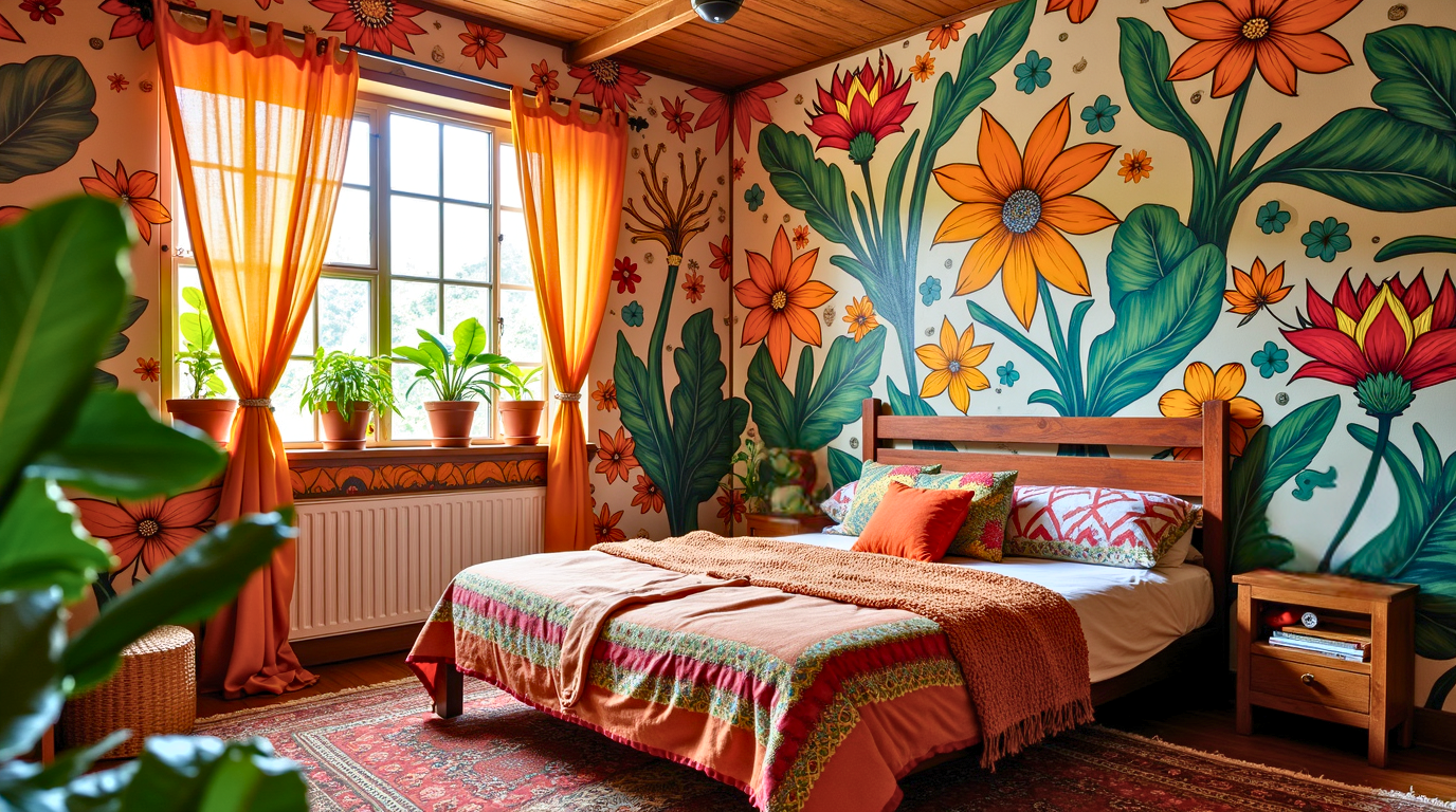 Boho bedroom with hand-painted murals and artistic wallpaper.