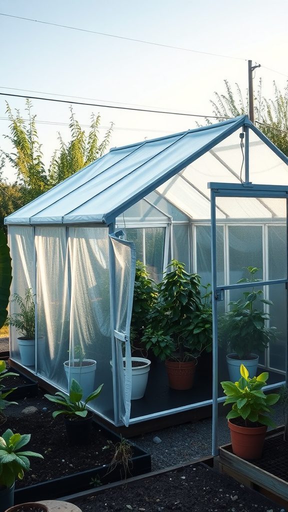 A folding greenhouse with clear panels, containing potted plants inside, set against a sunny sky.