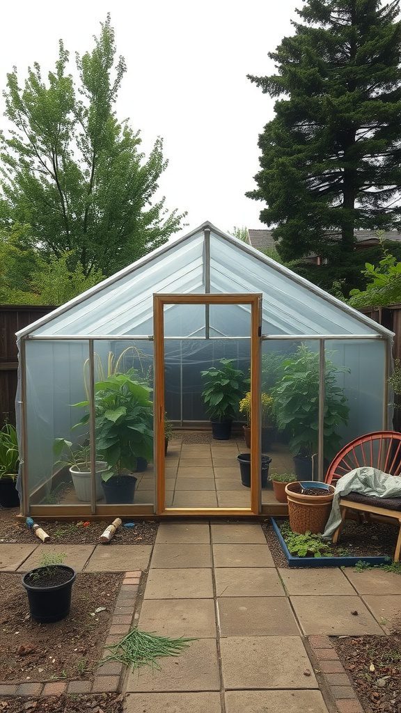 A greenhouse made of clear tarps with wooden door and healthy plants inside.
