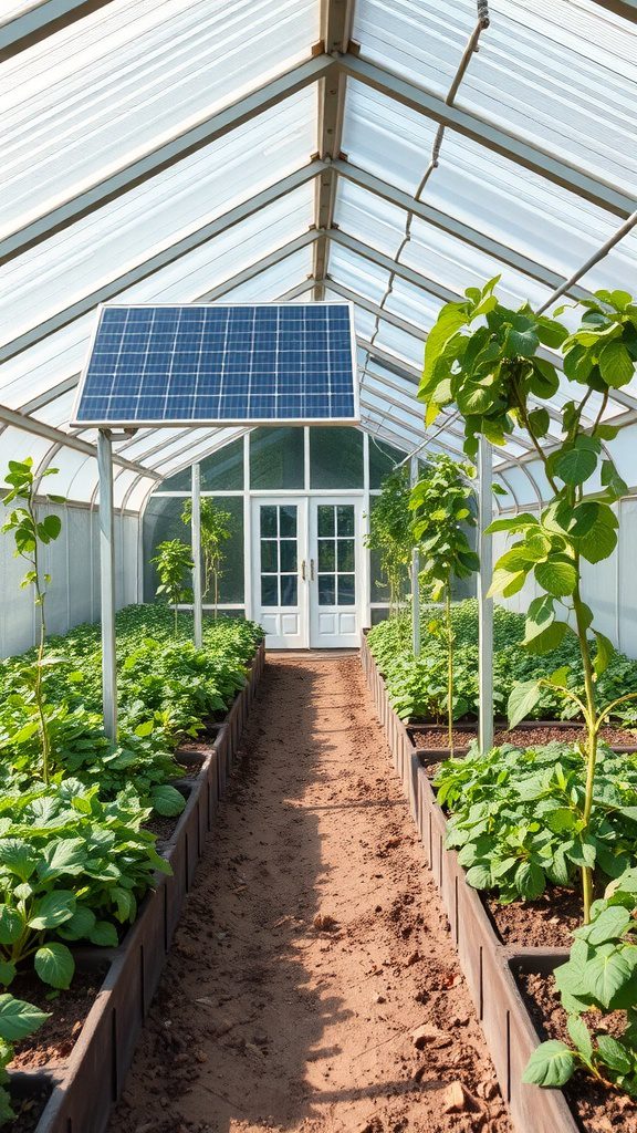 A greenhouse featuring solar panels, with plants growing in neatly arranged beds and a clear pathway.