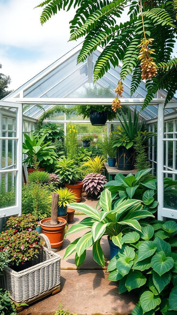 A lush hexagonal greenhouse filled with various plants and flowers, showcasing a vibrant garden space.