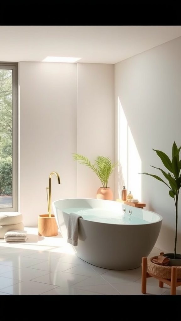 A bright and airy bathroom featuring a freestanding tub, natural light, and plants, creating a serene spa-like atmosphere.