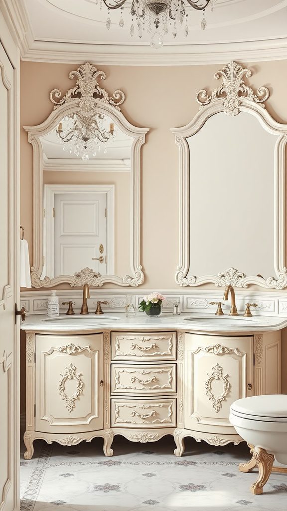 Luxurious French Provincial style bathroom with ornate details and antique fixtures.