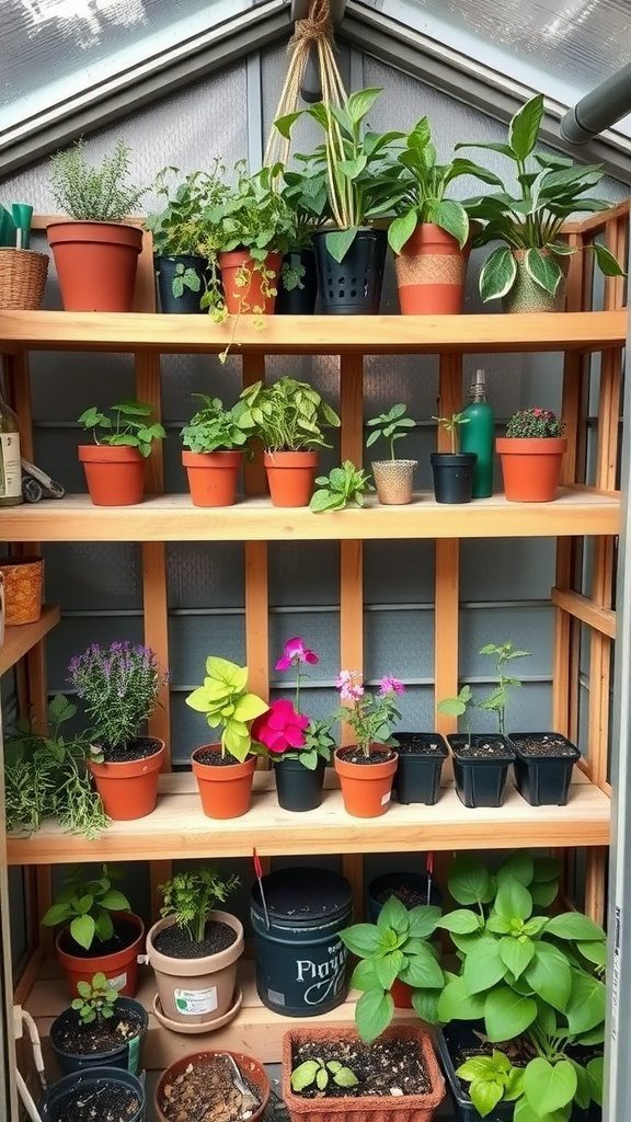 Mini greenhouse with shelves filled with various potted plants