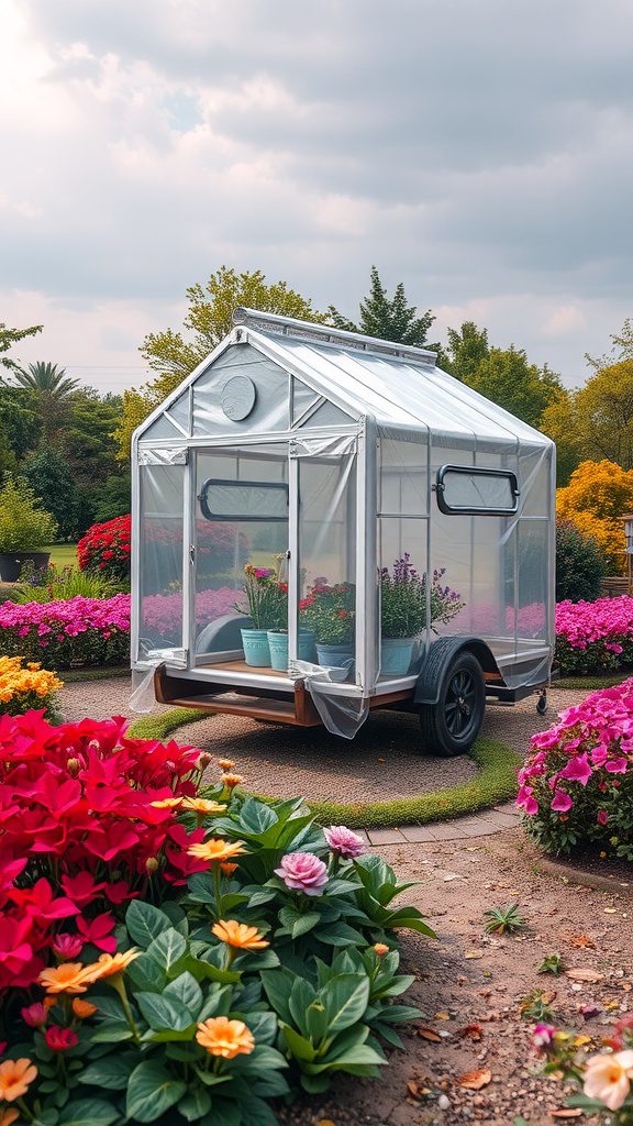 A portable greenhouse on wheels surrounded by colorful flowers in a garden.