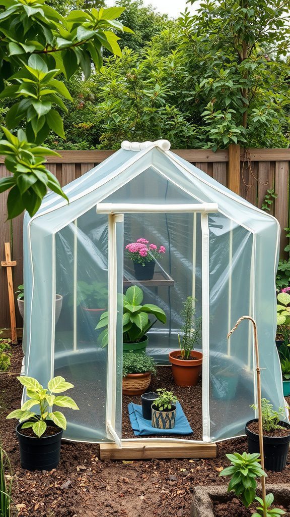 A portable PVC greenhouse filled with various potted plants in a small garden space.